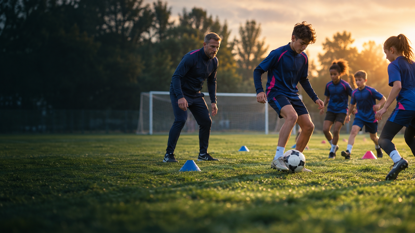 Young football players training with their coach